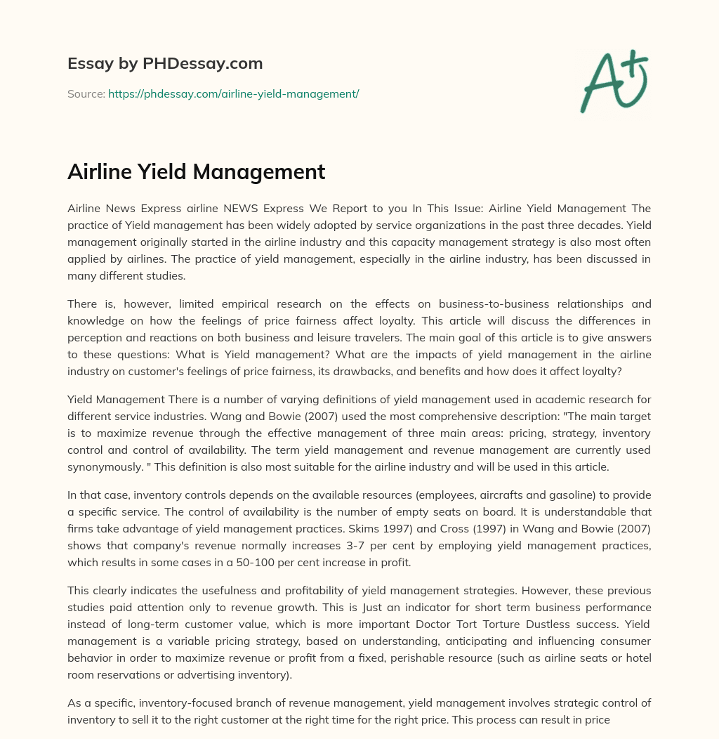 Airline Yield Management essay