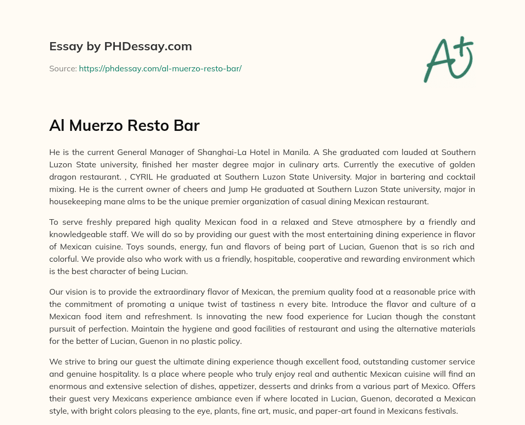 Al Muerzo Resto Bar essay
