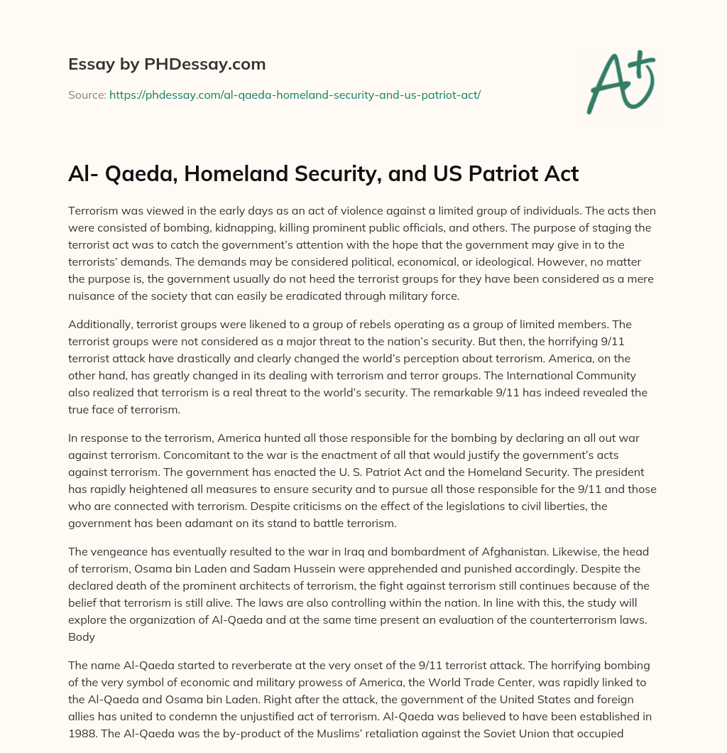Al- Qaeda, Homeland Security, and US Patriot Act essay