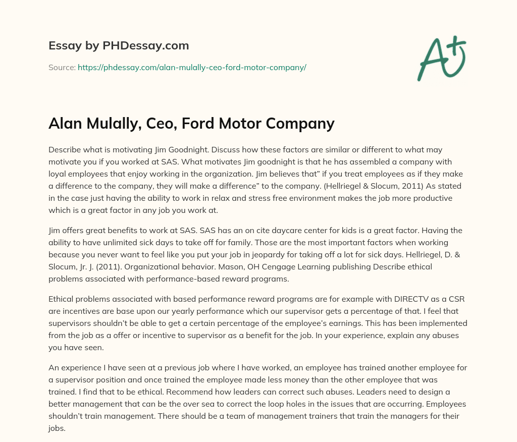 Alan Mulally, Ceo, Ford Motor Company essay