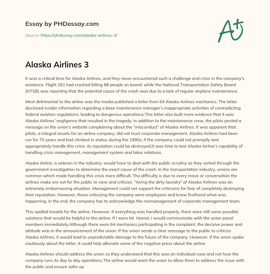 Alaska Airlines 3 essay