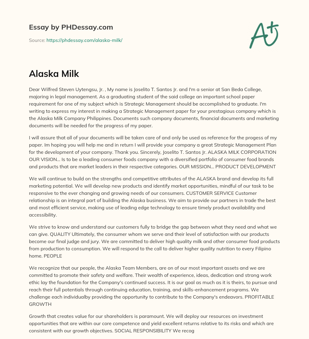 Student seeks to create Strategic Management paper for Alaska Milk Company Philippines essay