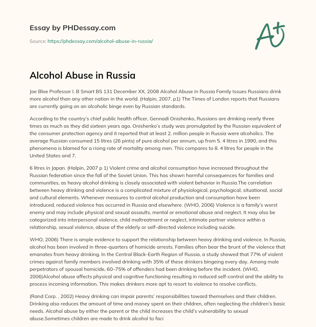 Alcohol Abuse in Russia essay