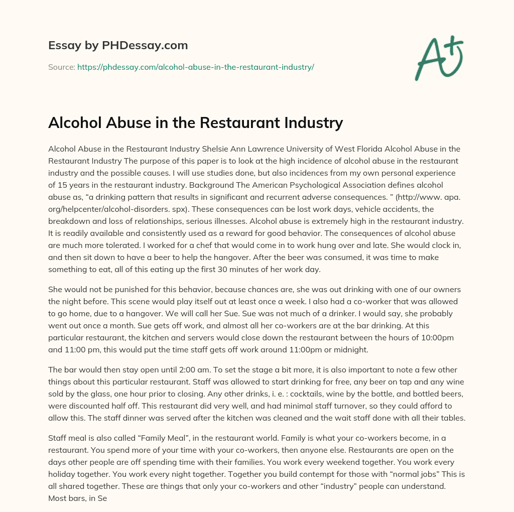 Alcohol Abuse in the Restaurant Industry essay