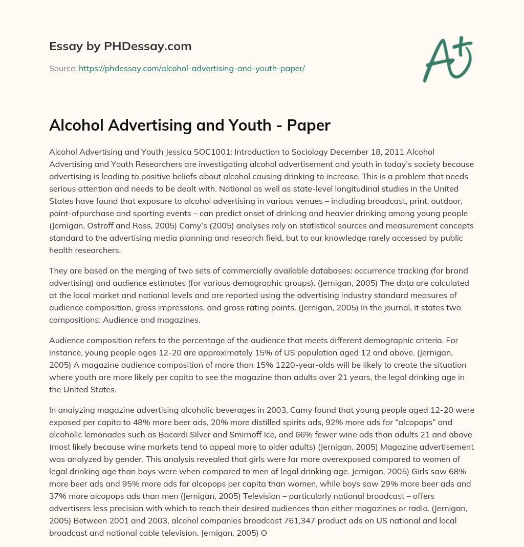 Alcohol Advertising and Youth – Paper essay