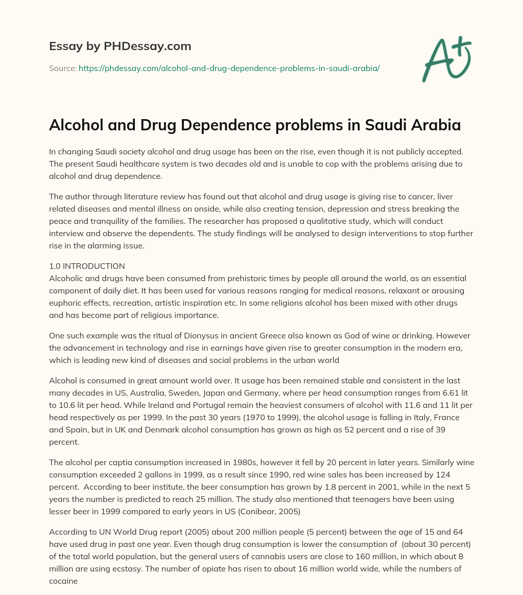 Alcohol and Drug Dependence problems in Saudi Arabia essay