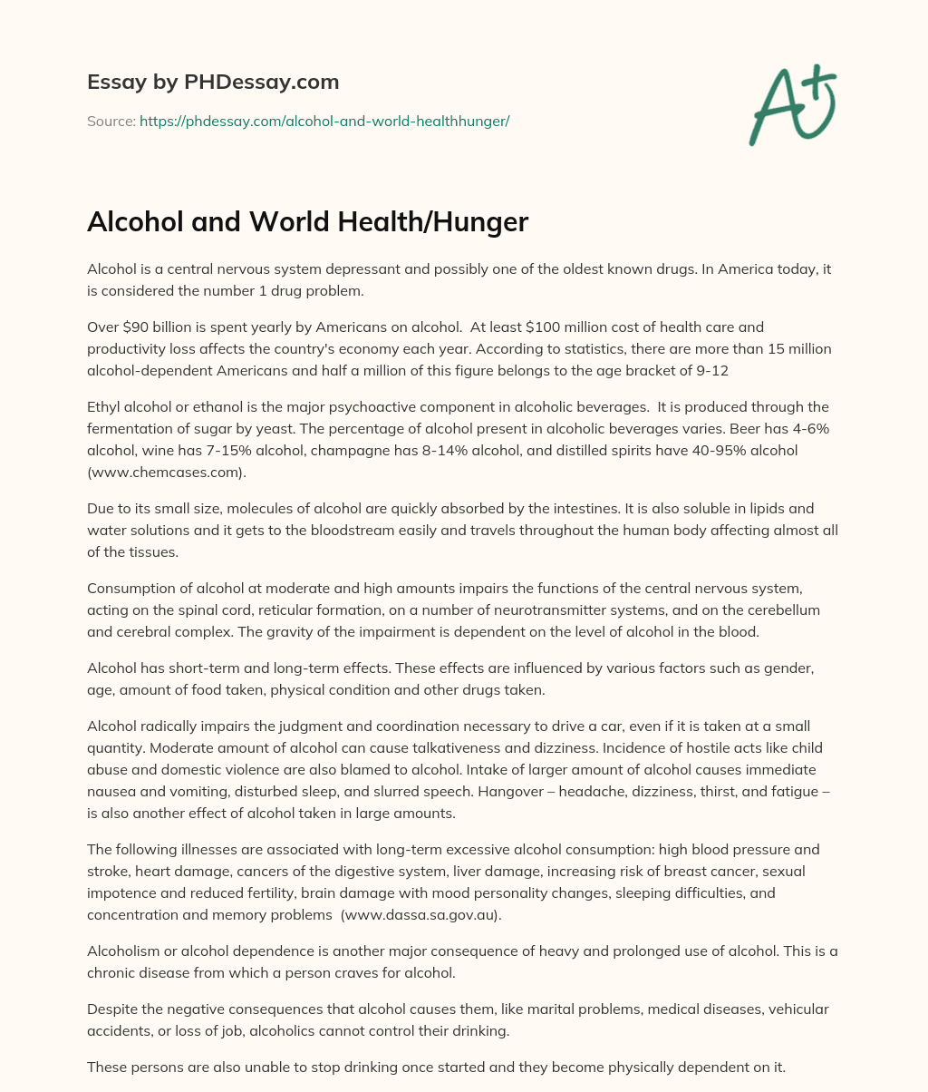 Alcohol and World Health/Hunger essay