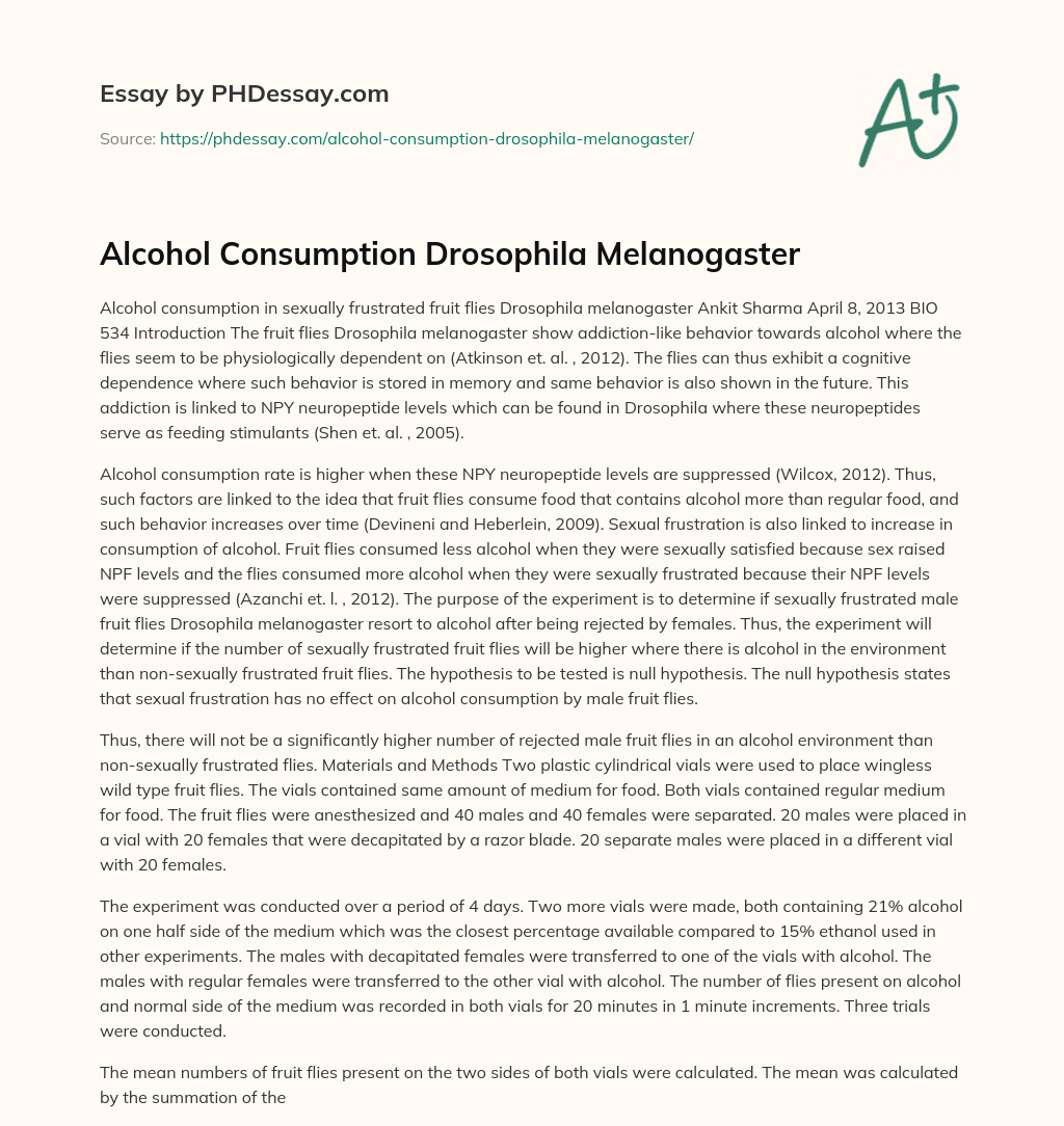Alcohol Consumption Drosophila Melanogaster essay
