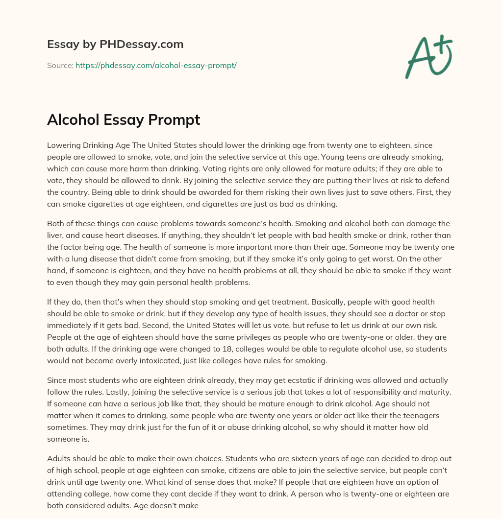 Alcohol Essay Prompt essay
