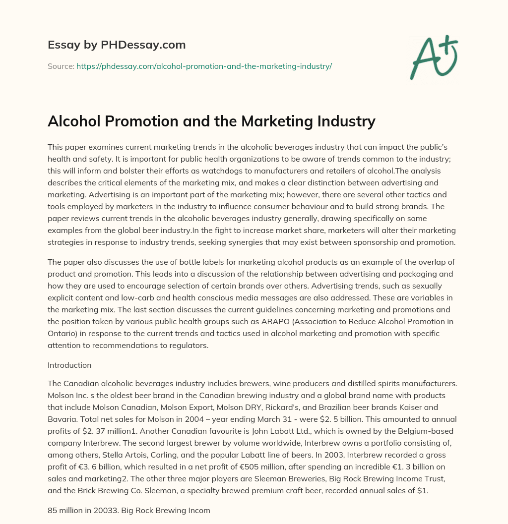Alcohol Promotion and the Marketing Industry essay