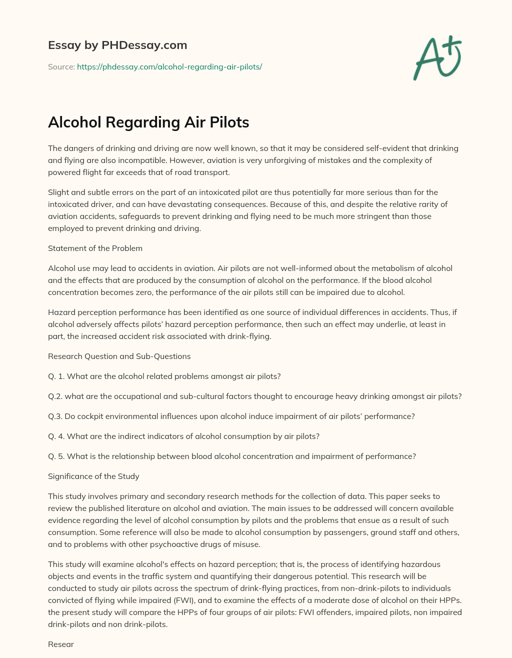 Alcohol Regarding Air Pilots essay