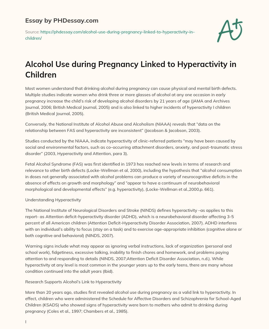 Alcohol Use during Pregnancy Linked to Hyperactivity in Children essay