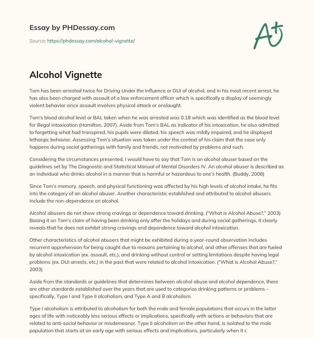 Alcohol Vignette essay