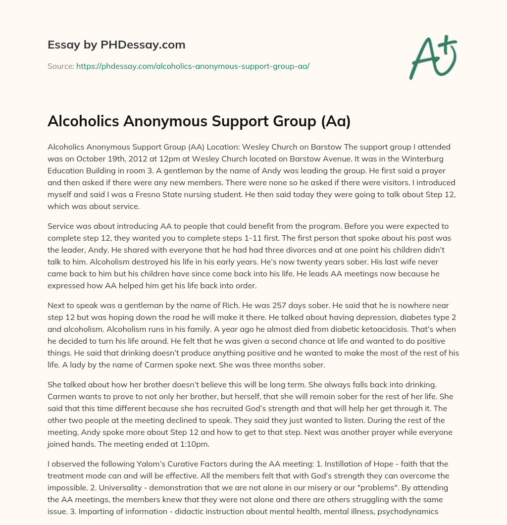 Alcoholics Anonymous Support Group (Aa) essay