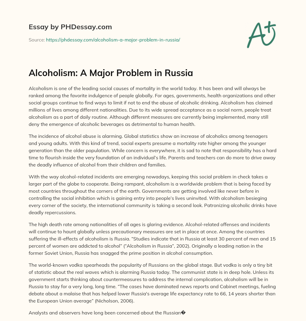 Alcoholism: A Major Problem in Russia essay