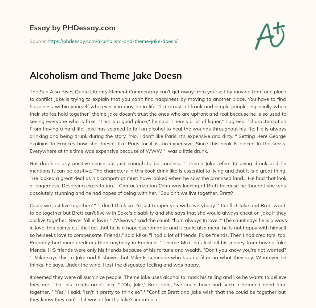 Alcoholism and Theme Jake Doesn essay