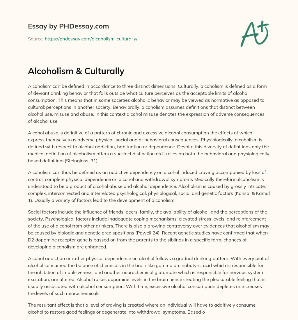 Alcoholism & Culturally essay