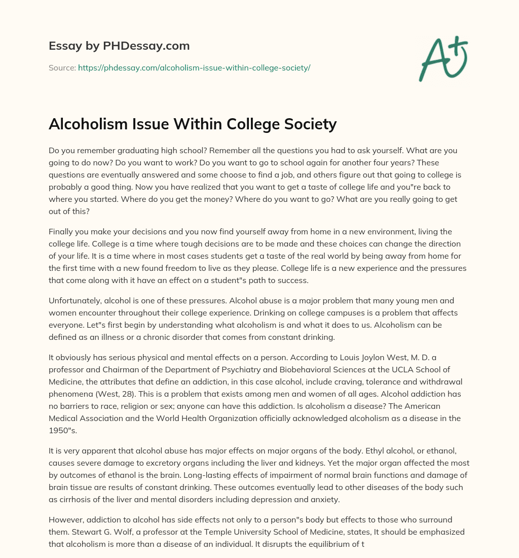 Alcoholism Issue Within College Society essay