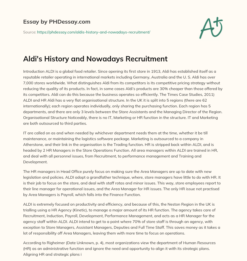 Aldi’s History and Nowadays Recruitment essay