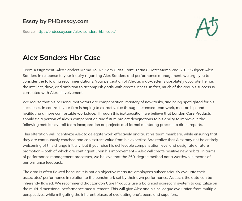 Alex Sanders Hbr Case essay