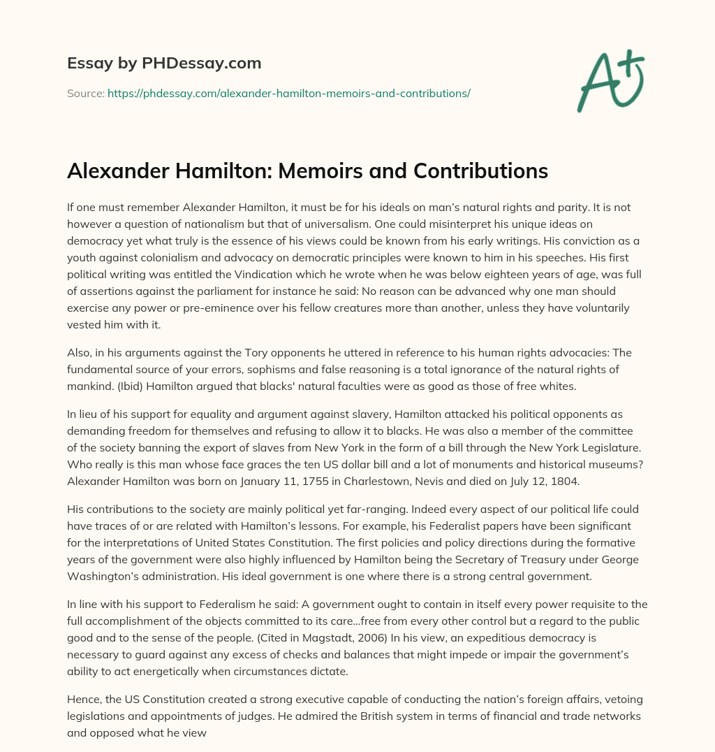 Alexander Hamilton: Memoirs and Contributions essay
