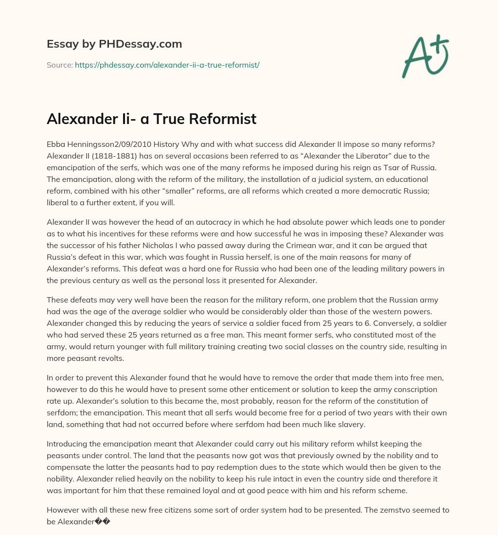 Alexander Ii- a True Reformist essay