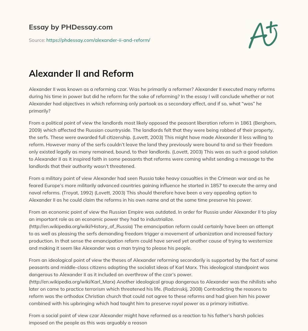 Alexander II and Reform essay