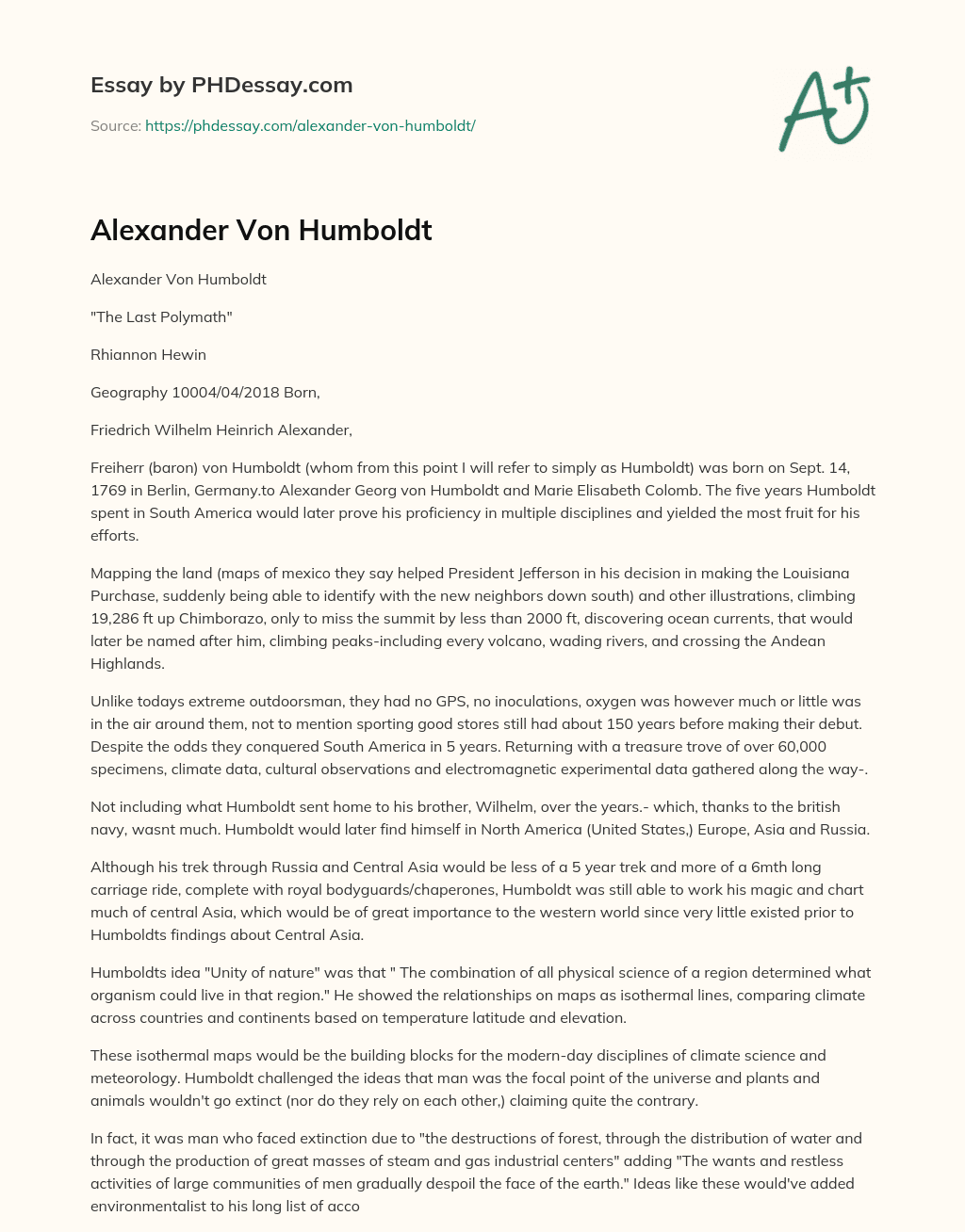 Alexander Von Humboldt essay