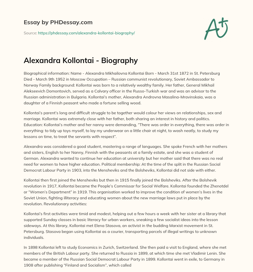 Alexandra Kollontai – Biography essay