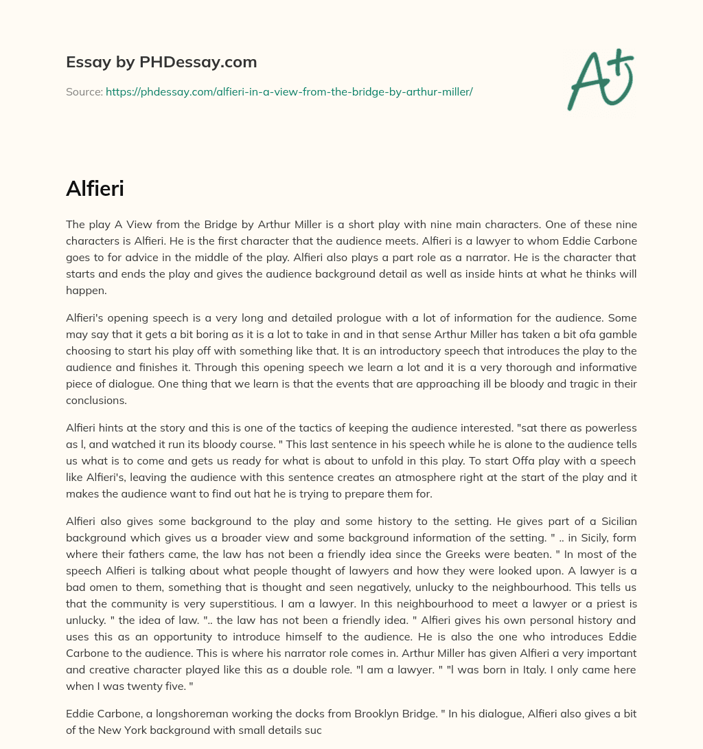 The Role of Alfieri in A View from the Bridge by Arthur Miller essay