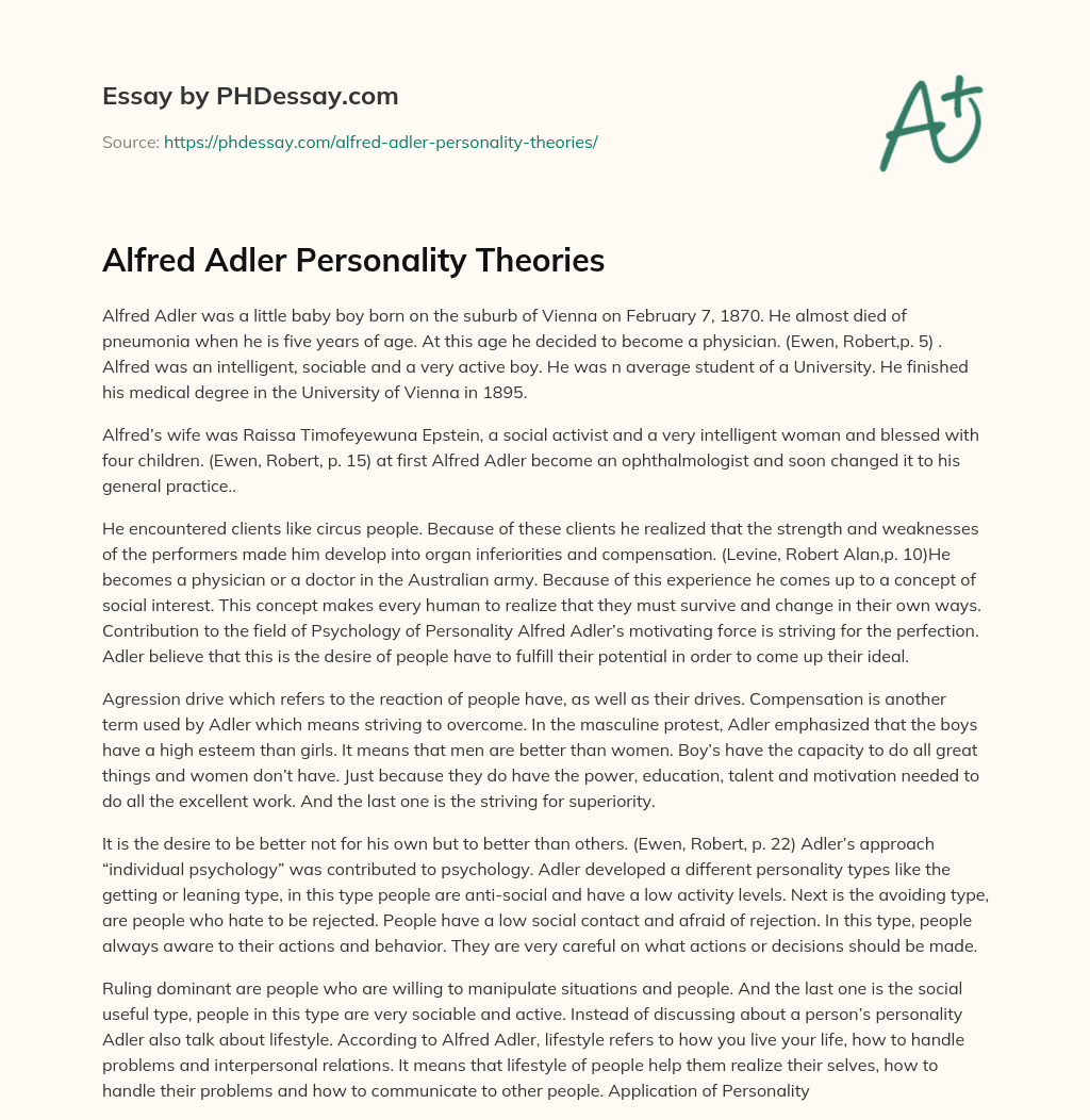 Alfred Adler Personality Theories essay