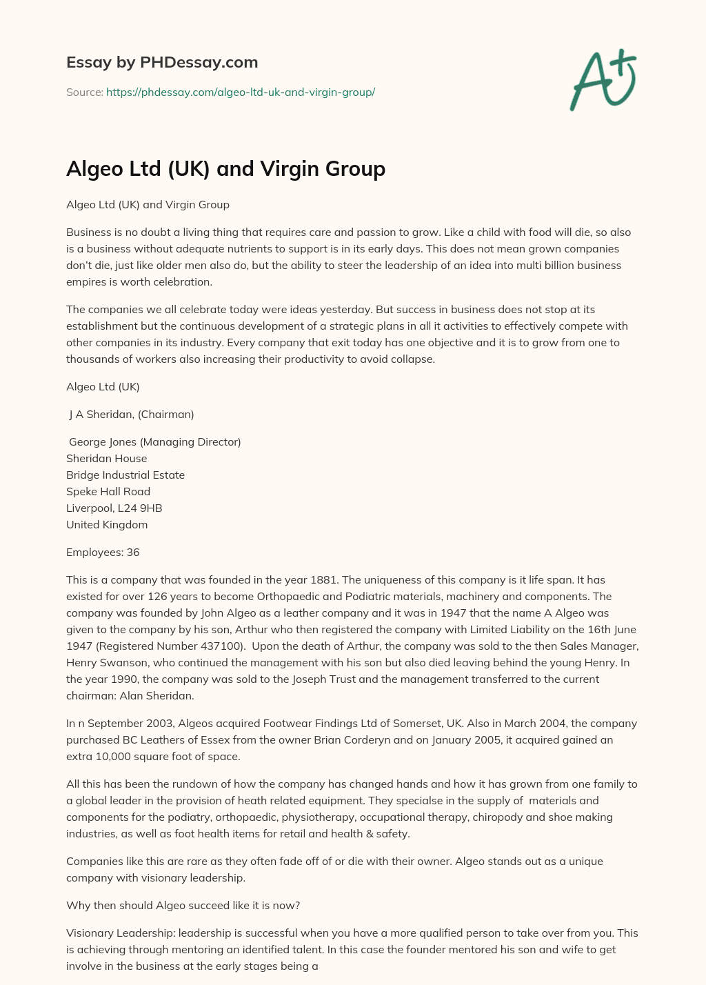 Algeo Ltd (UK) and Virgin Group essay