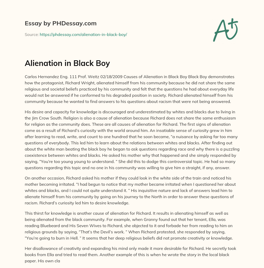 Alienation in Black Boy essay