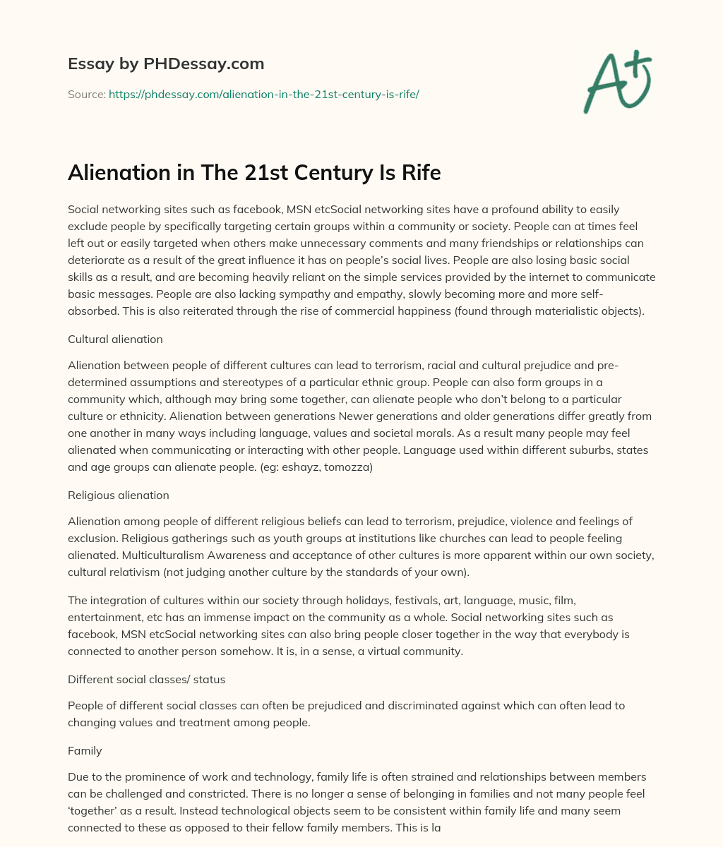 Alienation in The 21st Century Is Rife essay