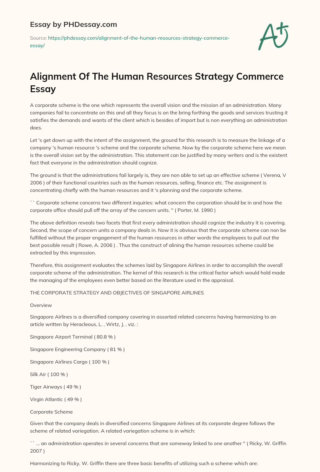 Alignment Of The Human Resources Strategy Commerce Essay essay