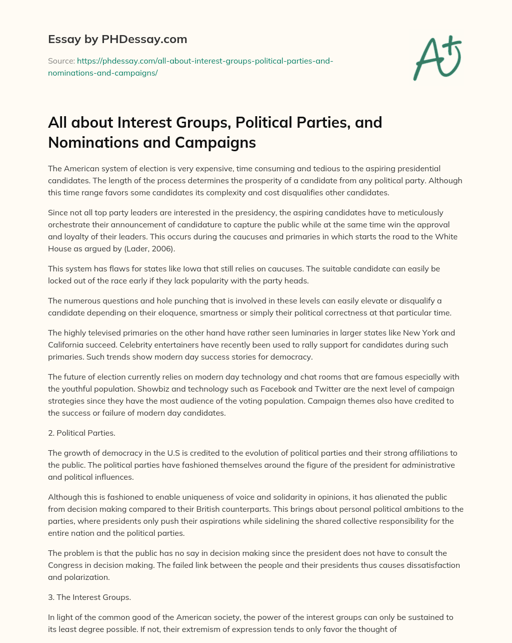 All about Interest Groups, Political Parties, and Nominations and Campaigns essay