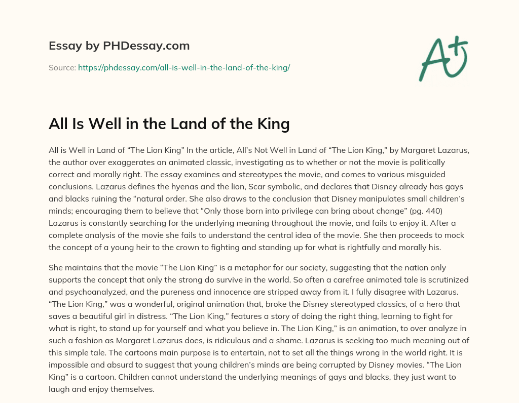 All Is Well in the Land of the King essay