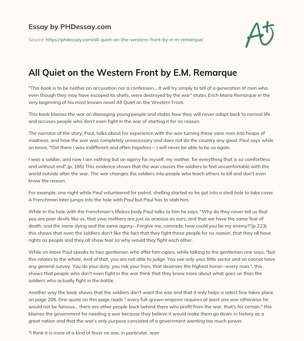 All Quiet on the Western Front  by E.M. Remarque essay