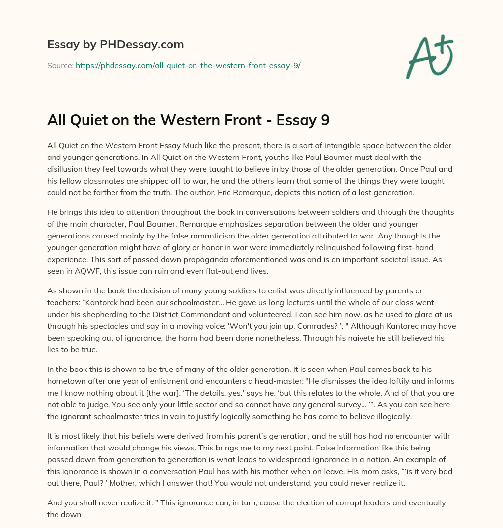 All Quiet on the Western Front – Essay 9 essay