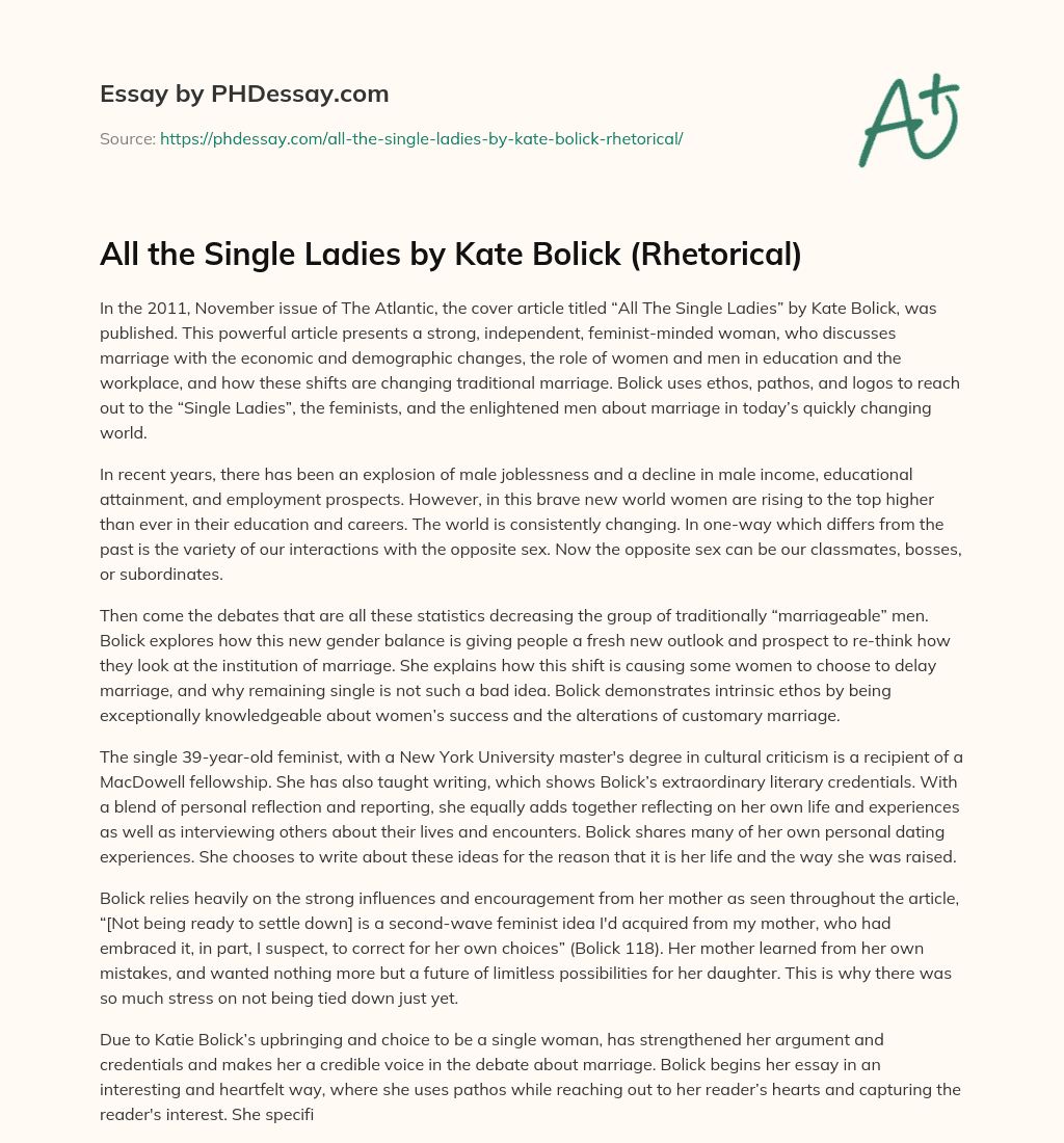 All the Single Ladies by Kate Bolick (Rhetorical) essay