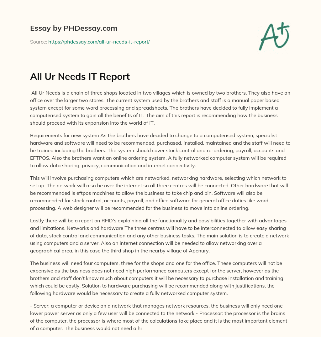 All Ur Needs  IT Report essay