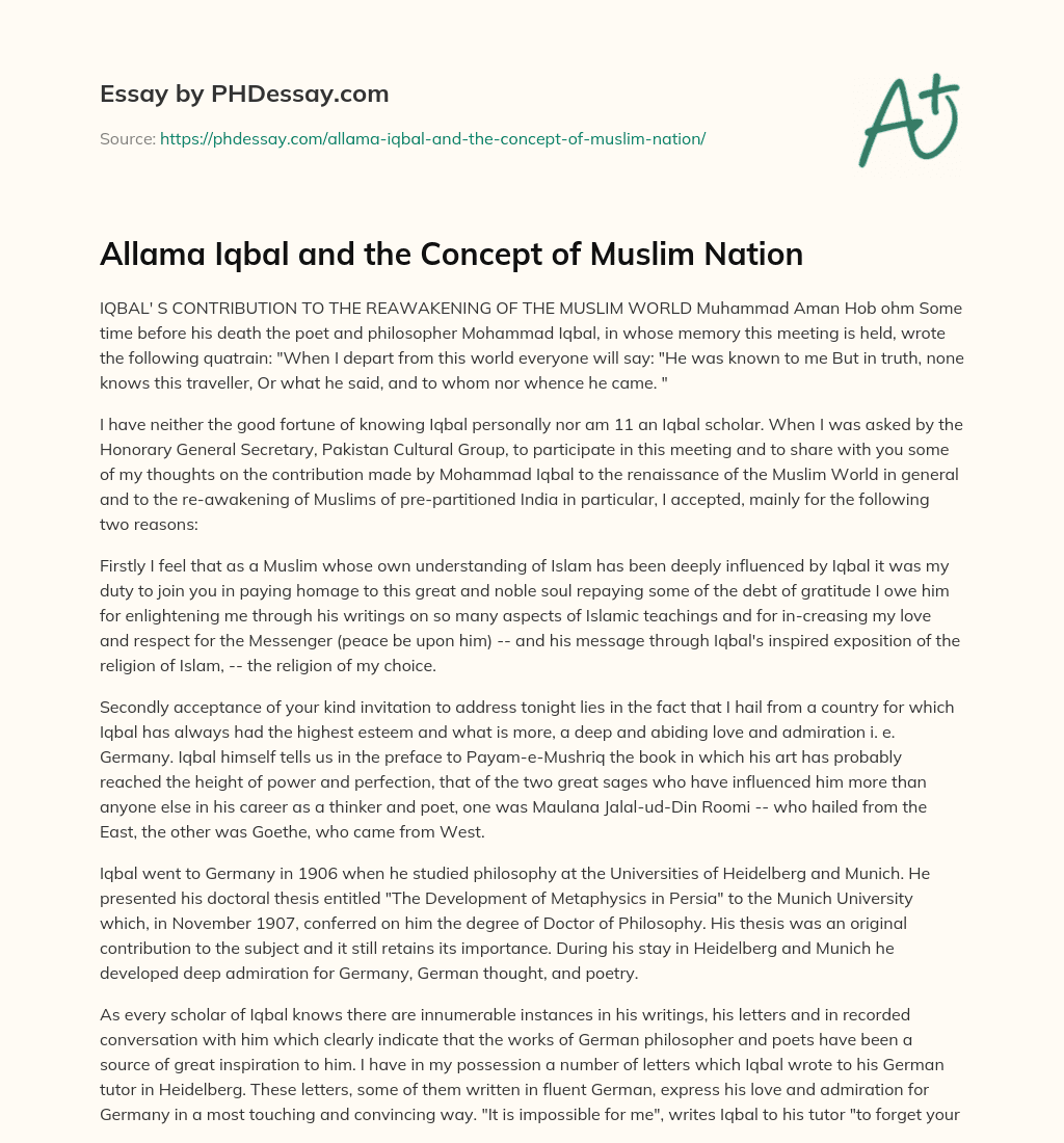 Allama Iqbal and the Concept of Muslim Nation essay