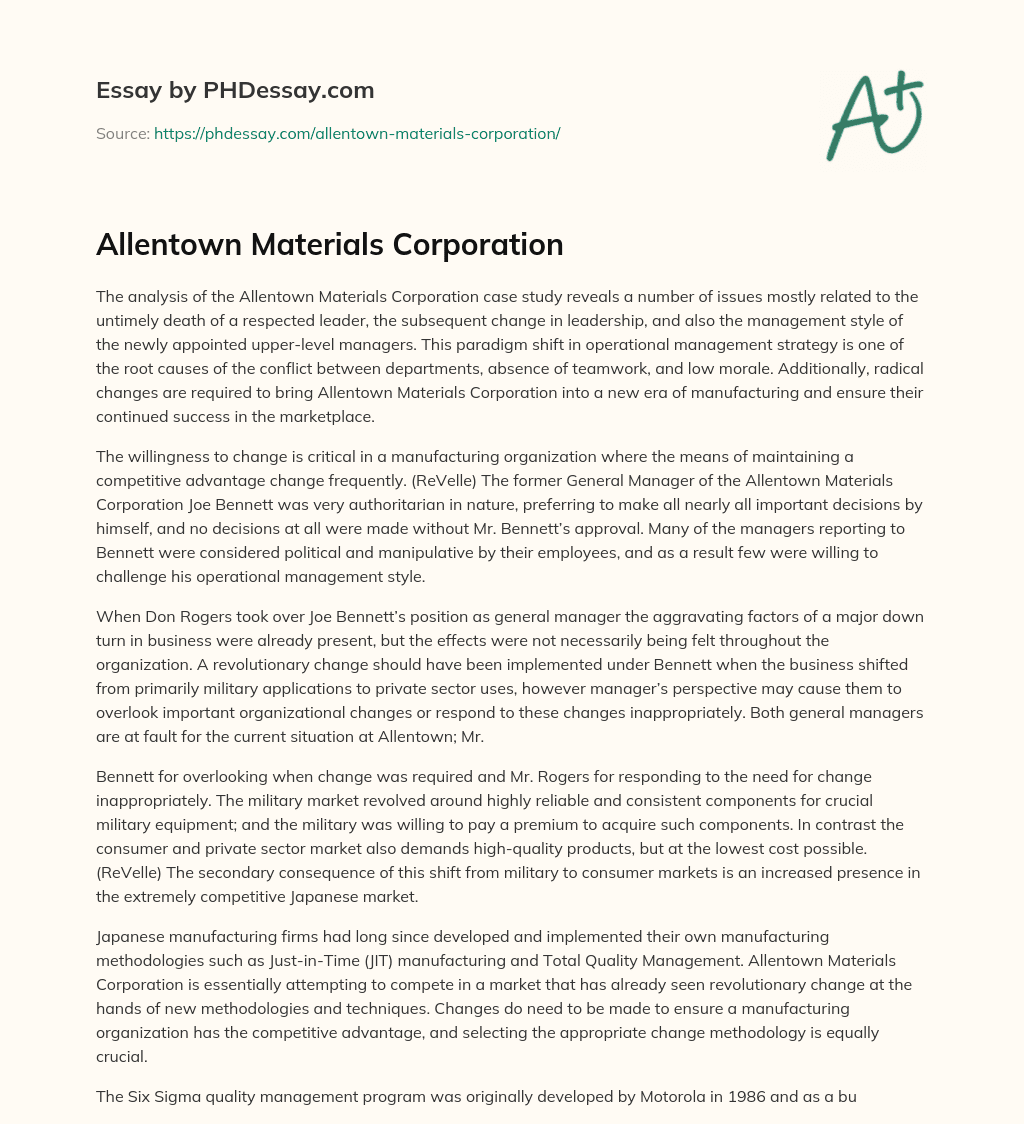 Allentown Materials Corporation essay