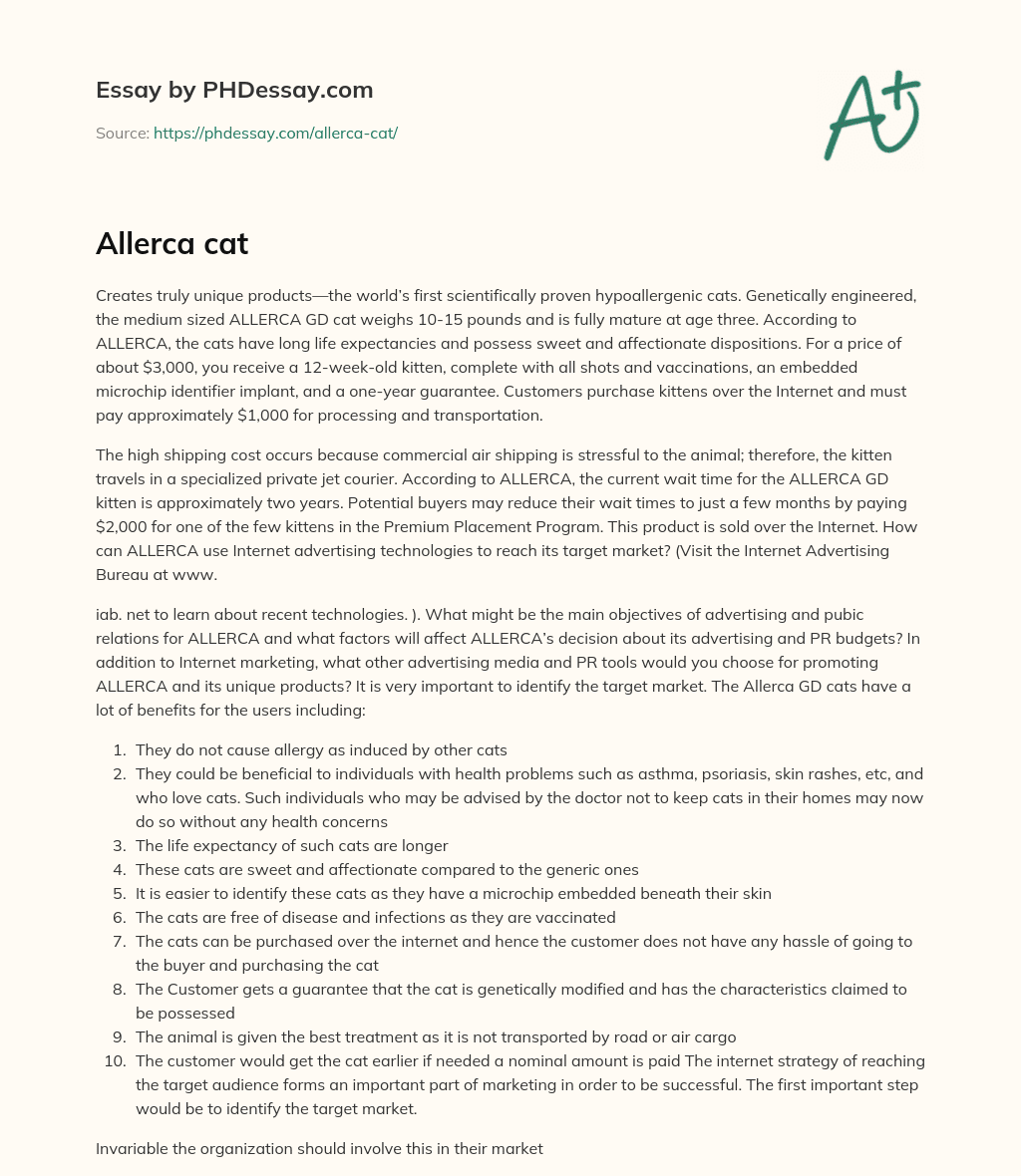 World’s First Hypoallergenic Cats: Unique Products by ALLERCA essay