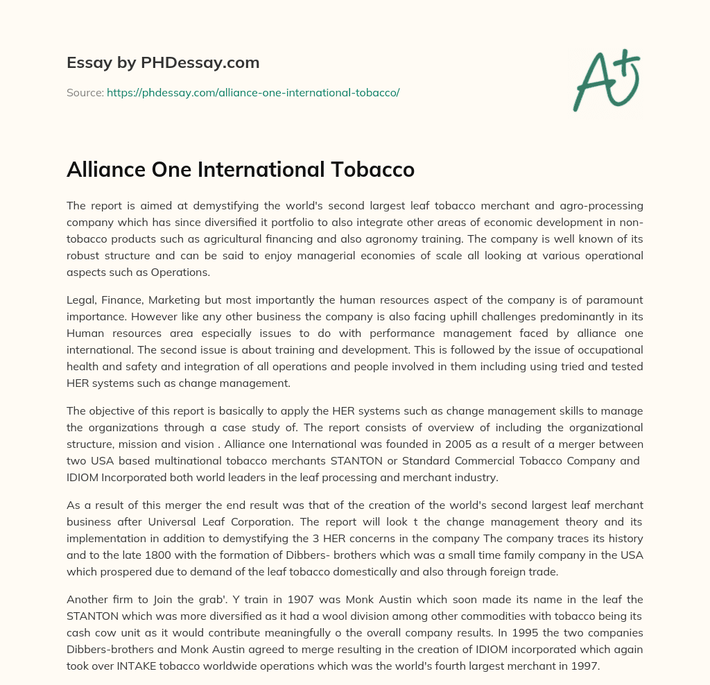 Alliance One International Tobacco essay