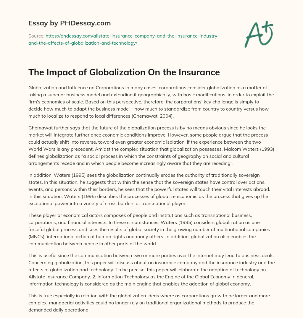 The Impact of Globalization On the Insurance essay