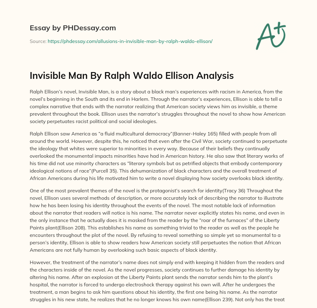 Invisible Man By Ralph Waldo Ellison Analysis essay