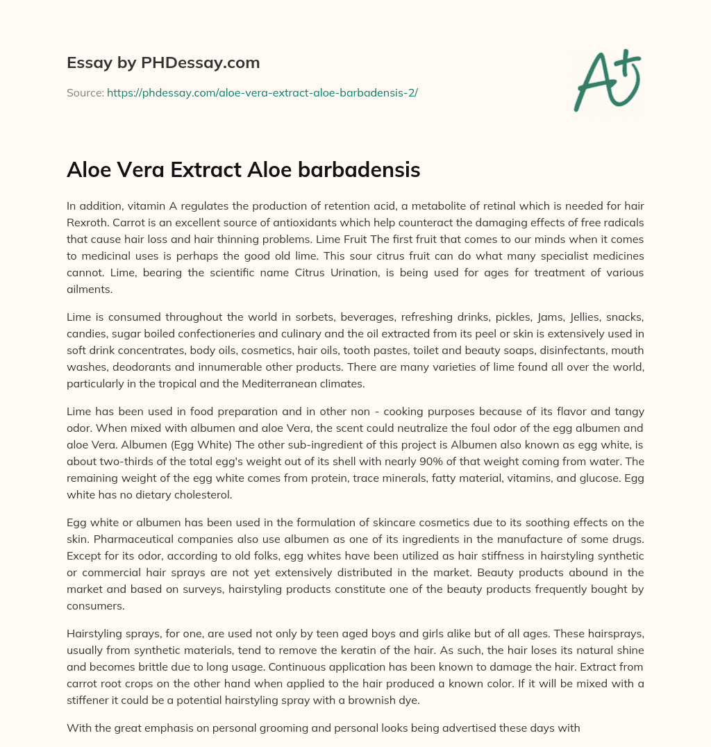 Aloe Vera Extract Aloe barbadensis essay