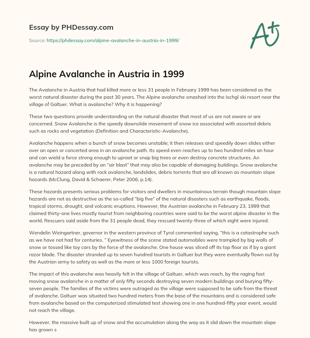Alpine Avalanche in Austria in 1999 essay