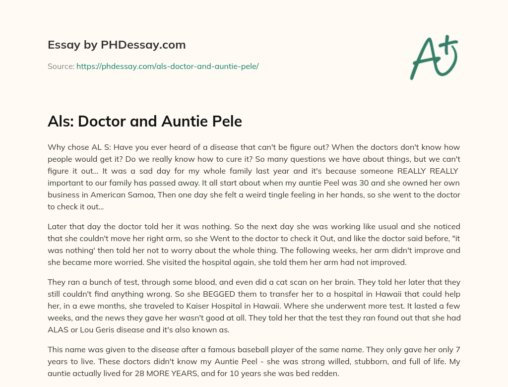 Als: Doctor and Auntie Pele essay